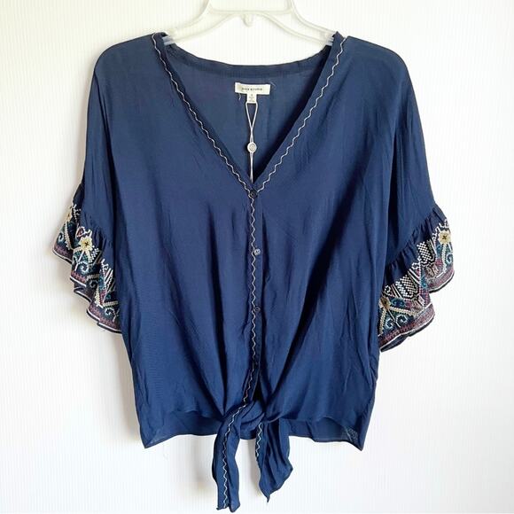 Max Studio Boho Ruffle Sleeve Embroidered Button Down Blouse Small - Picture 1 of 11